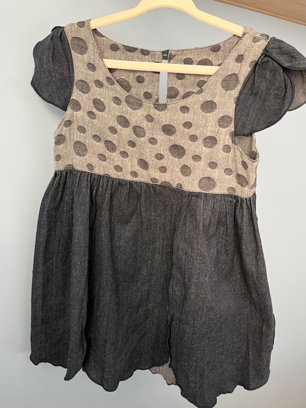 Kids Polka Dot & Charcoal Puff Sleeve Dress - denim